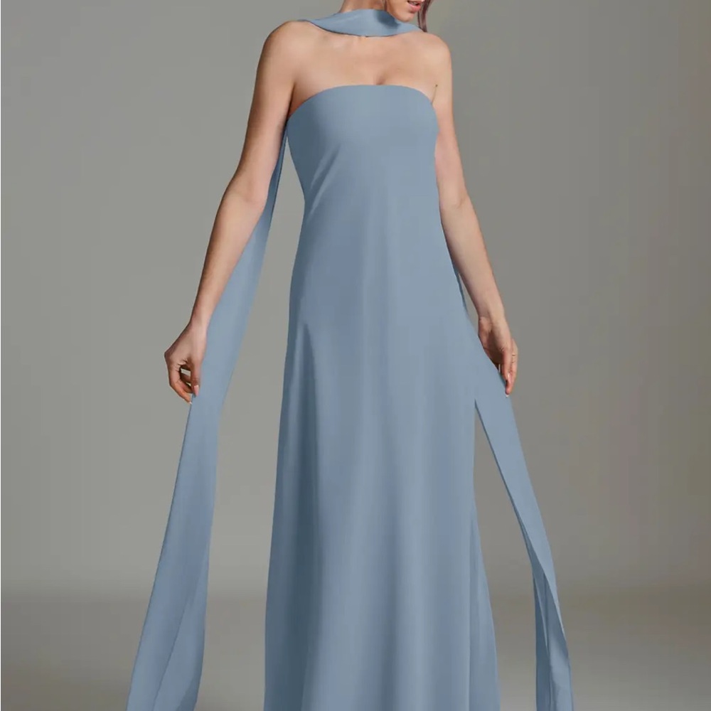 Strapless Light Blue Evening Gown with Draped Sash